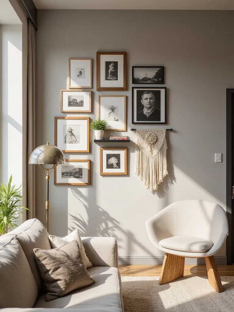 Stunning mixed-item gallery wall in a modern living room featuring framed art, mirror, shelf, and textile.