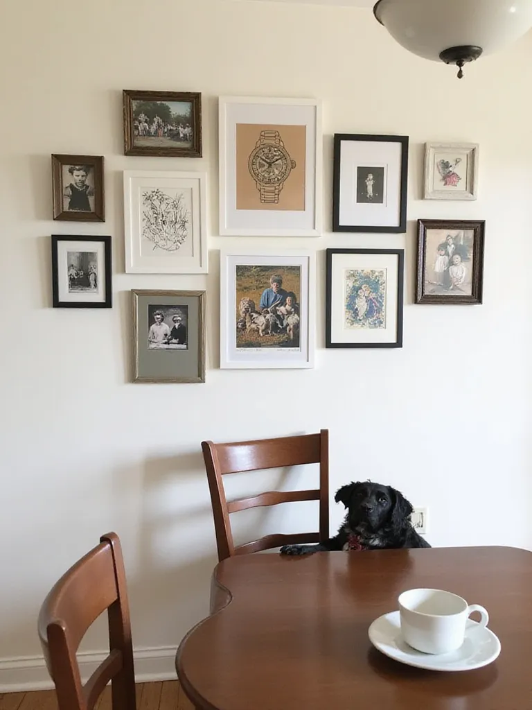 A curated gallery wall in a dining room expressing personal style, including family and pet photos, hung at a height safe from pets.