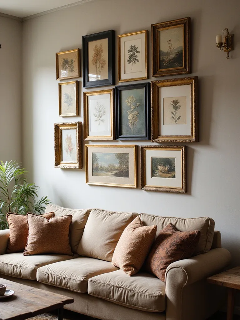 An eclectic living room featuring a large gallery wall with a diverse collection of art and mismatched frames displayed above a sofa.