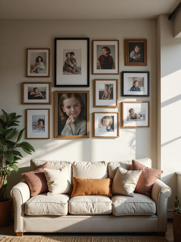Curated photo gallery wall above a sofa in a cozy living room with warm natural light.