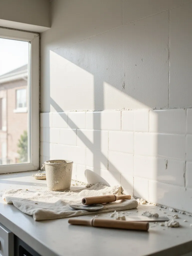 Kitchen backsplash installation in progress, showing tools, mortar, and partially installed tiles.