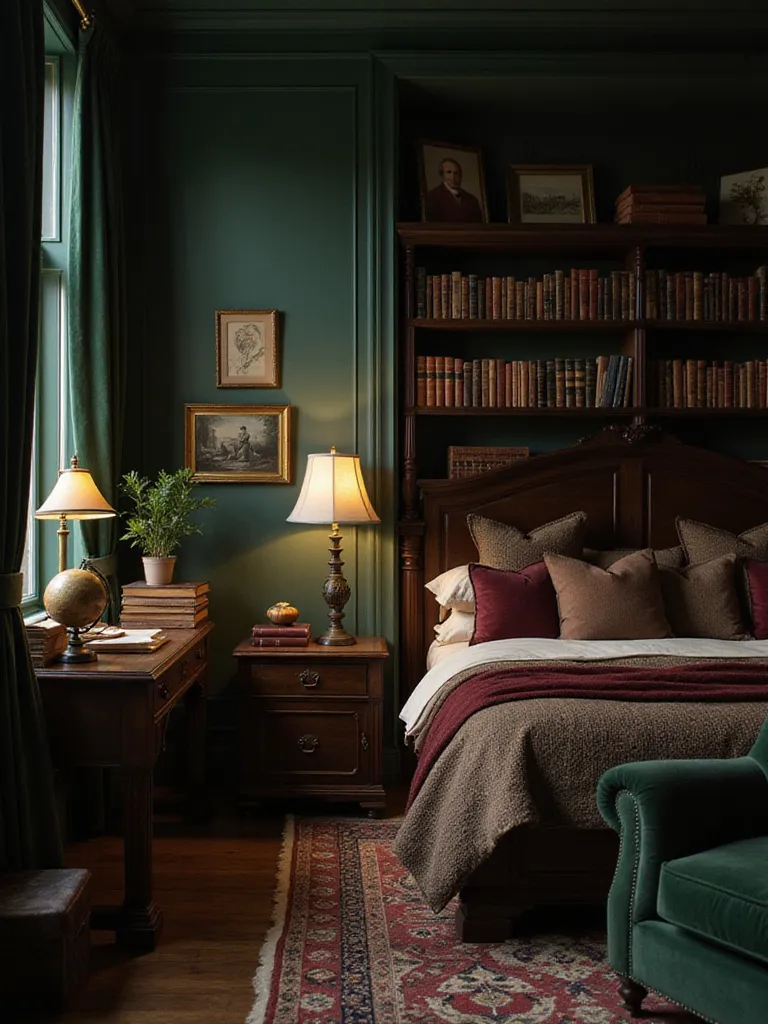 A moody Dark Academia bedroom featuring dark wood furniture, walls painted in deep green, shelves filled with books, vintage decor like a globe and brass lamp, and layered velvet and tweed textiles.