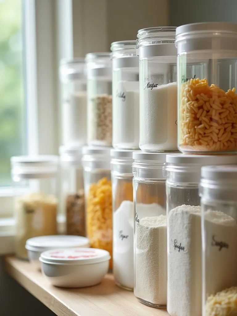 Neatly organized pantry with uniform stackable containers for dry goods