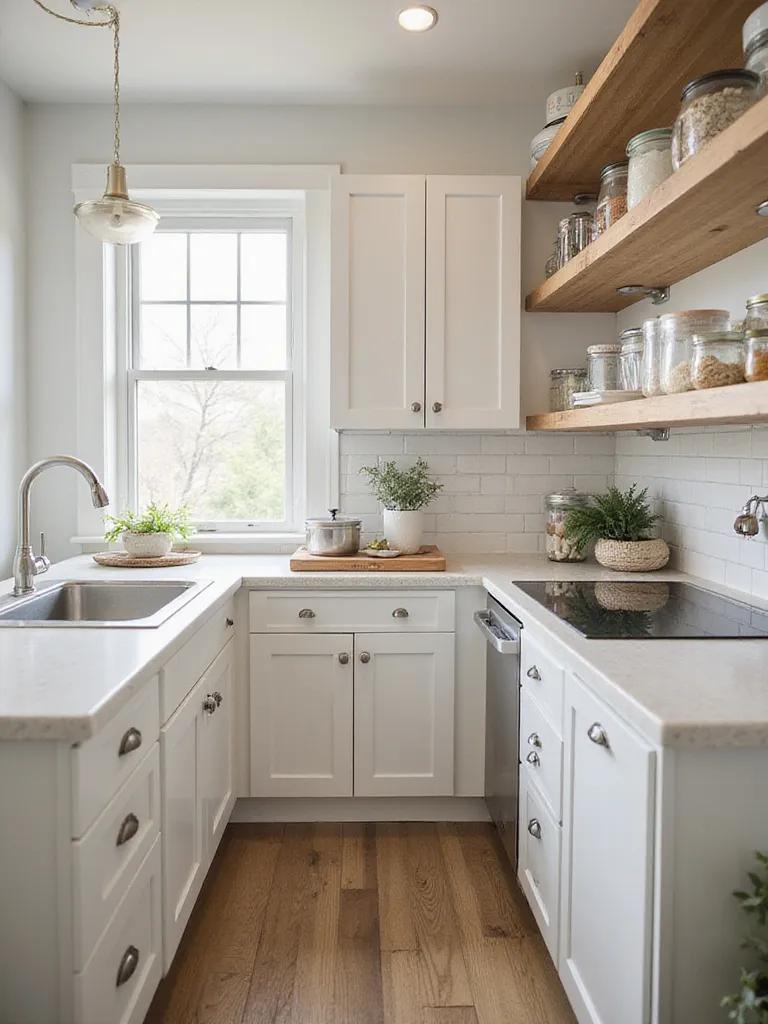 Organized small kitchen with clean countertops and cabinets, showcasing decluttering