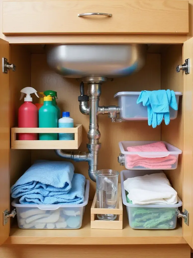 Organized under-sink kitchen cabinet showing cleaning supplies stored neatly in pull-out and stackable storage caddies.