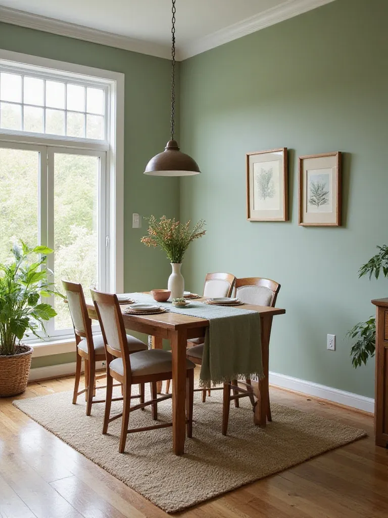 A dining room with a strategic color palette, such as calming sage green walls, chosen to define a pet-friendly and inviting mood.
