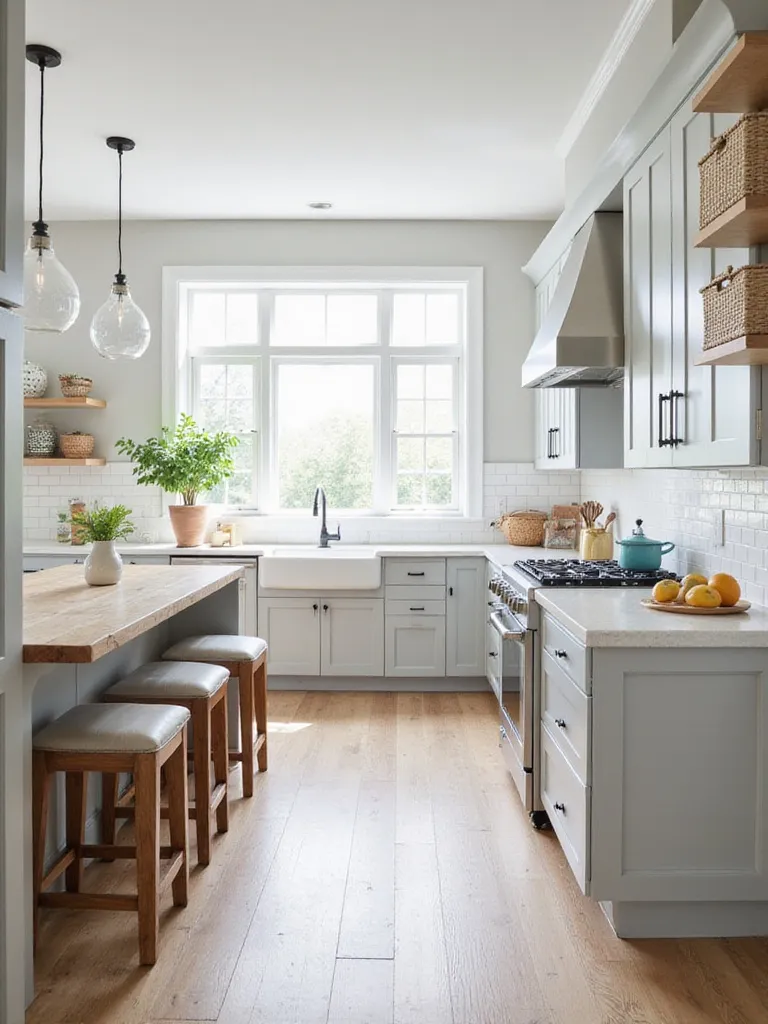 Modern farmhouse kitchen design with shaker cabinets and butcher block island.