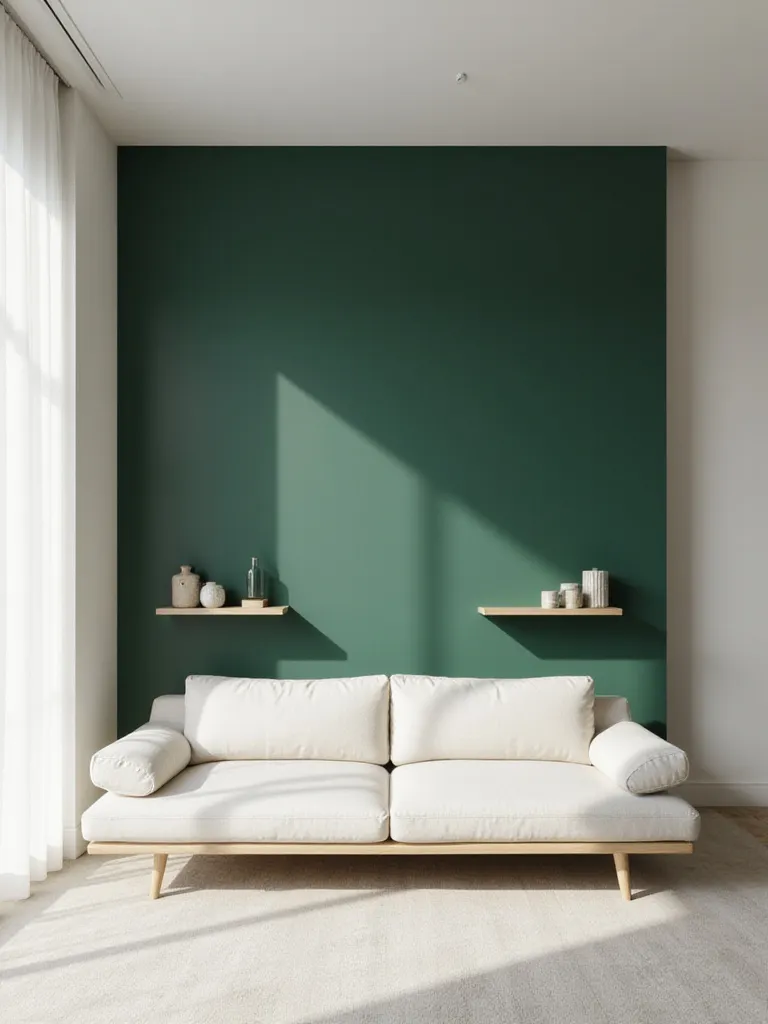 Modern living room with deep forest green painted accent wall behind a sofa, adding depth and focal point.