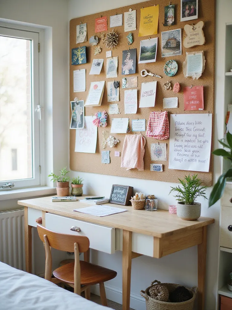 Bedroom with a colorful and inspiring pin board above a desk.