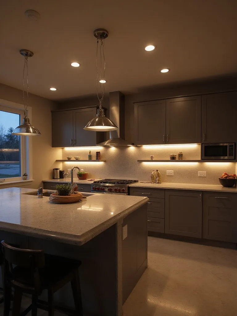 A modern kitchen with layered lighting, showing recessed ambient lights, under-cabinet task lighting, pendant lights over an island, and accent lighting.