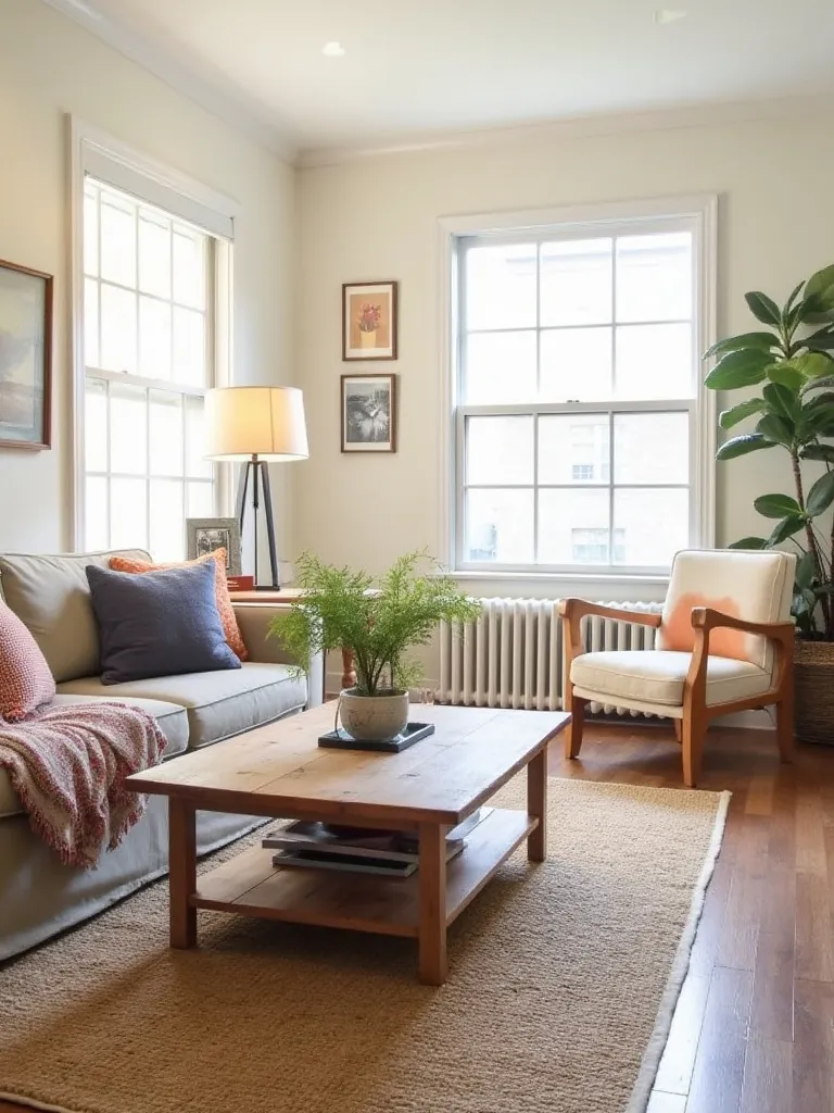 A stylish and cozy living room showcasing budget-friendly furniture design with a mix of new and second-hand pieces.