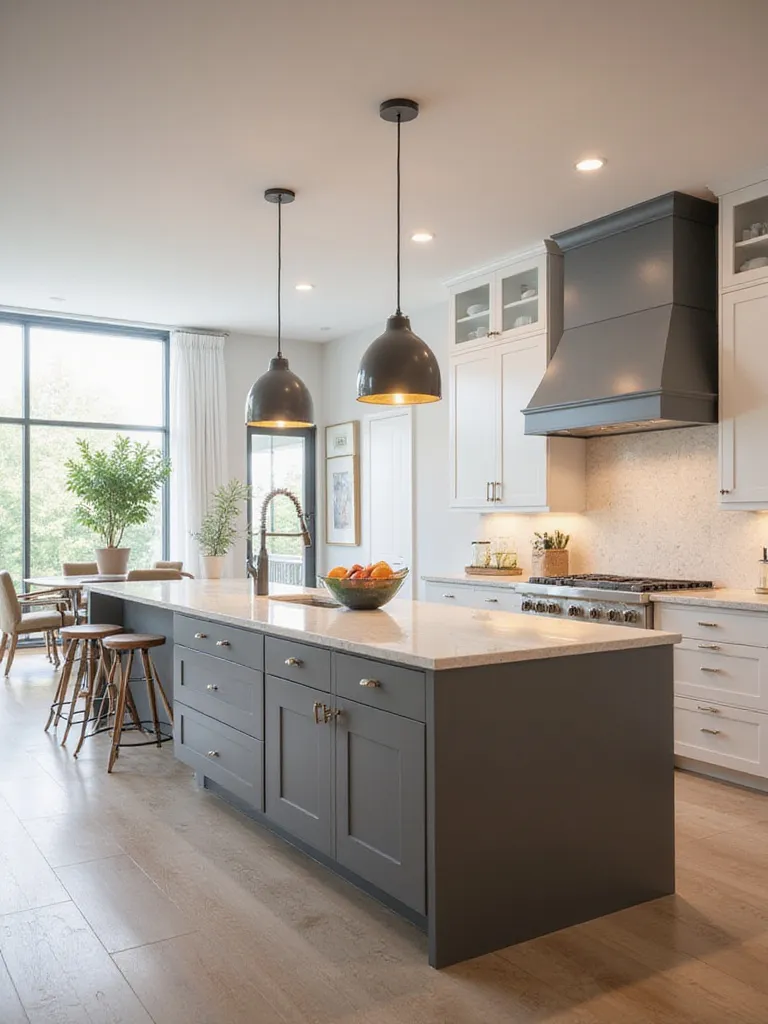 A modern kitchen with a large, functional island featuring storage, seating, and task lighting.