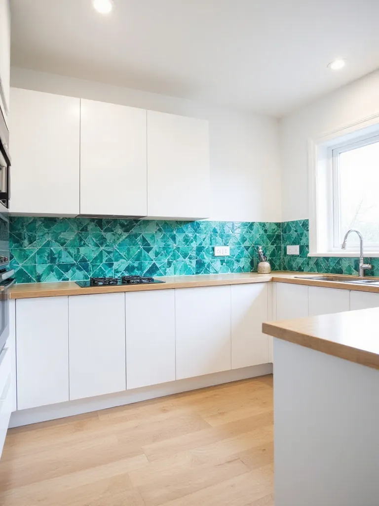 Modern kitchen with a vibrant turquoise and green geometric backsplash