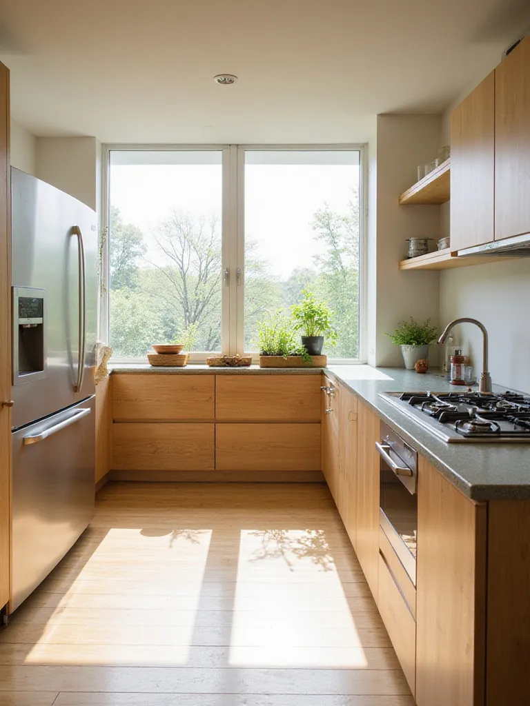 Eco-friendly kitchen design with sustainable materials and natural light.