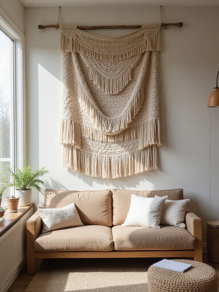 Large textured textile wall hanging above sofa in modern living room, adding warmth and texture.