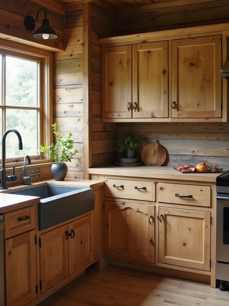 Rustic kitchen featuring cabinetry made from distressed or reclaimed wood, showcasing aged textures and unique character.