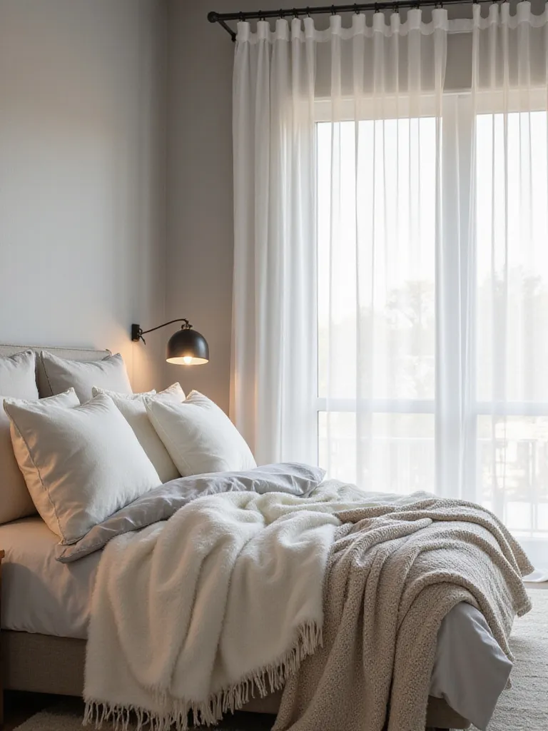 Bedroom decorated in a dreamy cloudscape aesthetic featuring soft grey walls, layered white and grey ethereal textiles on the bed, diffused natural light from a window with sheer curtains, and soft lamplight.