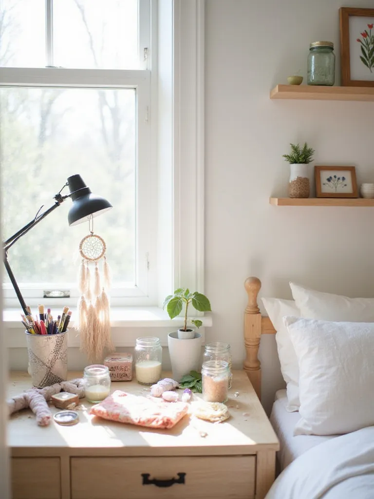 Cozy bedroom with DIY crafting supplies and handmade decor, showcasing a personalized touch.