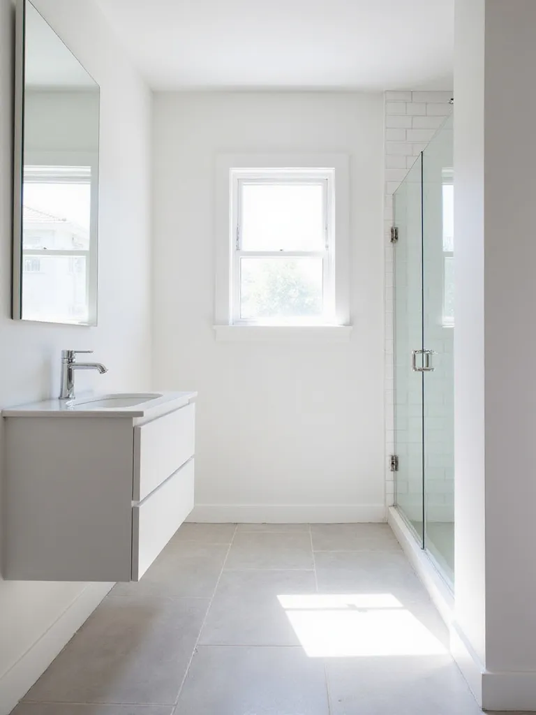 Bright and airy small bathroom featuring white walls, pale gray floor tiles, a white floating vanity, and a large mirror, designed to maximize the sense of space.