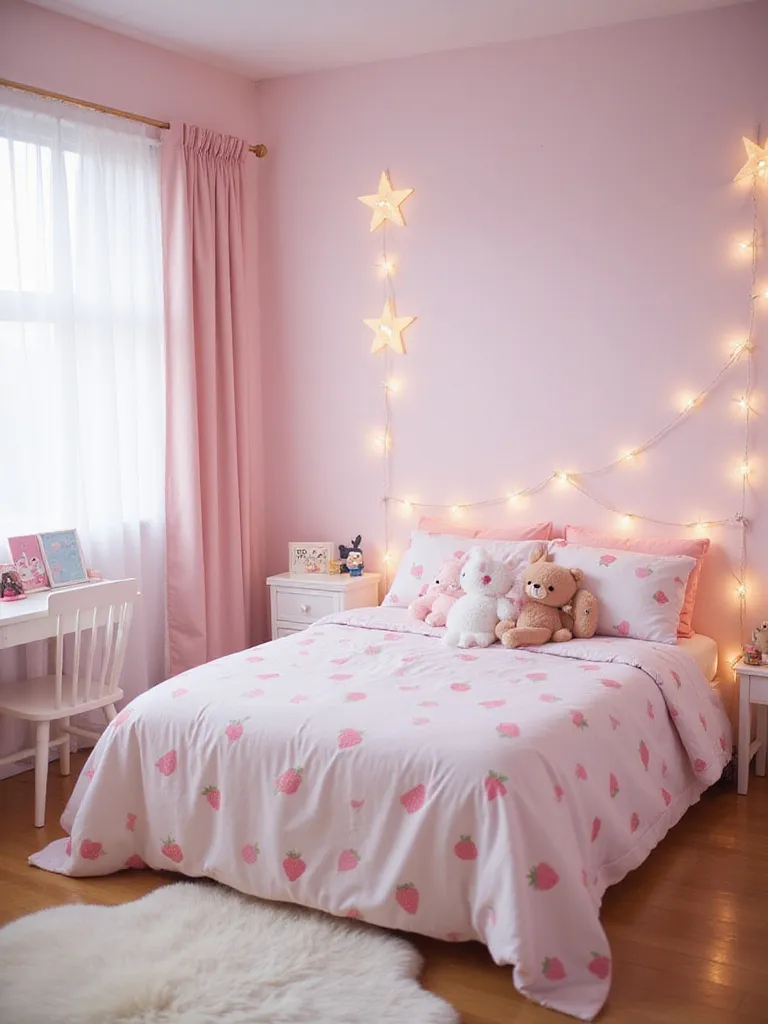 Kawaii bedroom decor with pastel colors, animal plushies, and food-themed bedding.