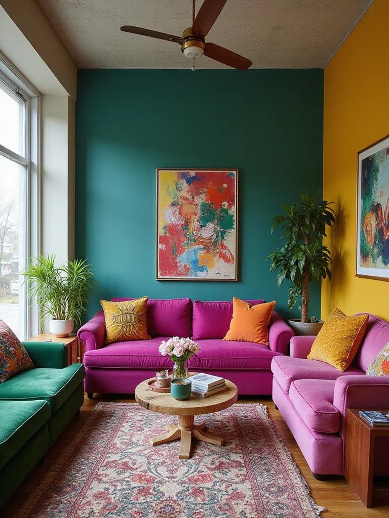 A vibrant eclectic living room featuring a bold and unconventional color palette. Deep teal and mustard yellow walls surround furniture in hot pink and emerald green velvet, layered with colorful, patterned textiles. The space is filled with curated art and objects under bright natural light.
