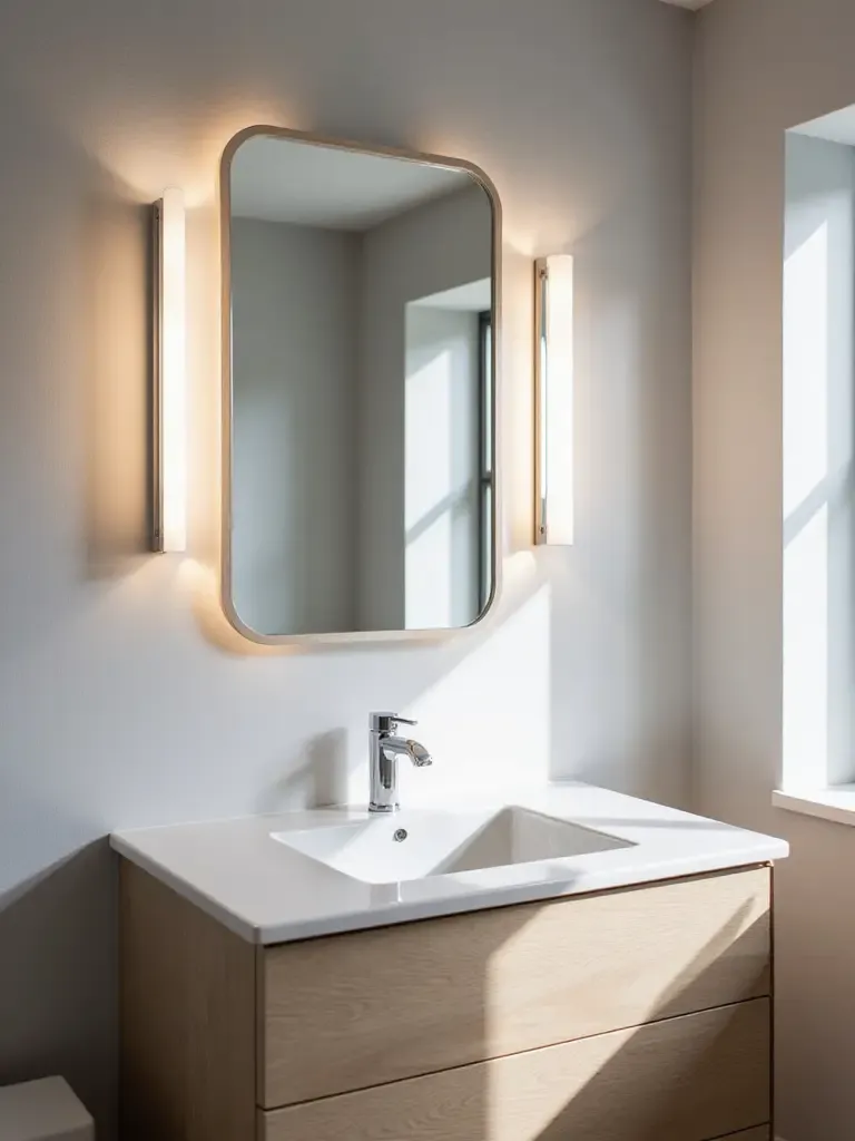 Modern bathroom vanity with flanking LED sconces providing ample task lighting for grooming.