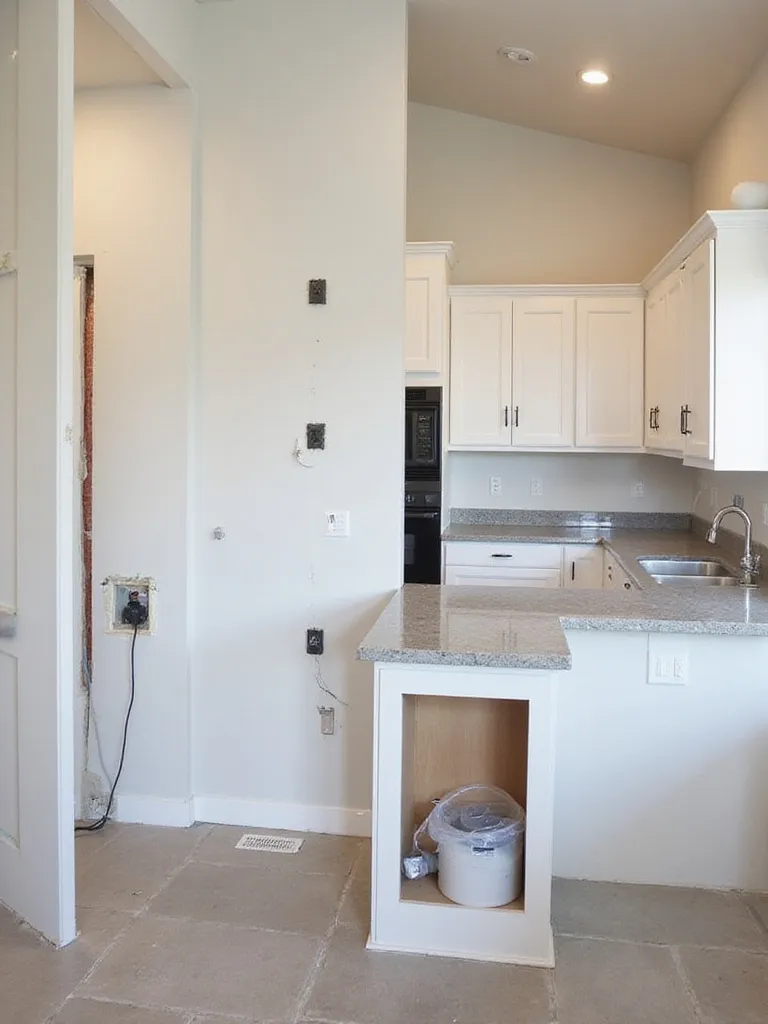 Kitchen renovation showing new electrical wiring and strategically placed outlets on walls, under cabinets, and an island, illustrating essential electrical planning for a functional kitchen.