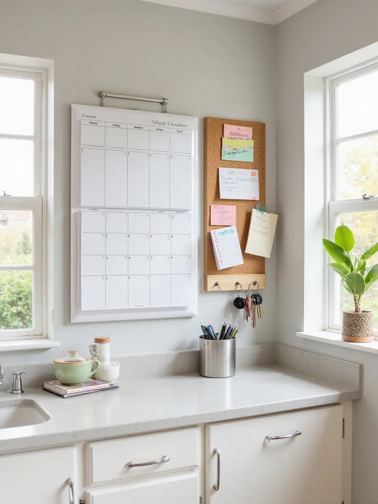 Organized kitchen command center area on a wall featuring a calendar, mail sorters, bulletin board, pen holder, and key hooks.