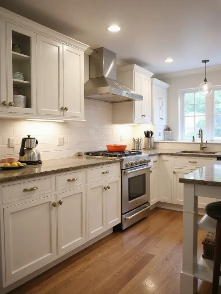 Modern kitchen showcasing refaced and replaced cabinets with warm lighting.