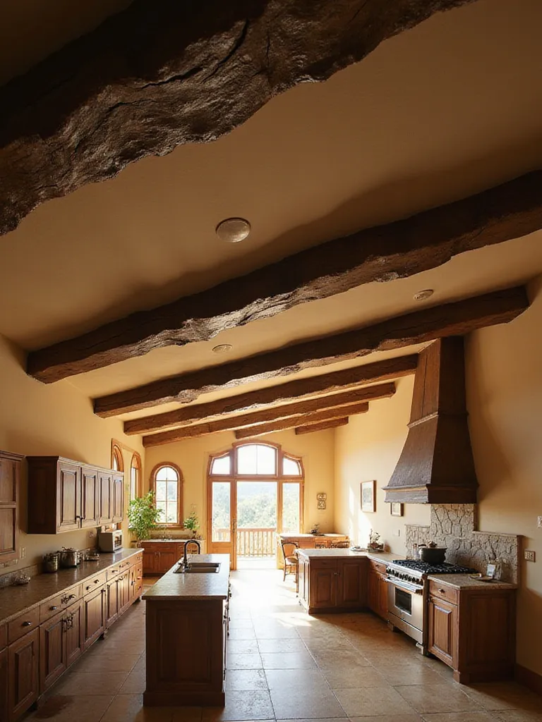 Rustic kitchen with prominent dark exposed wooden beams across a light ceiling, showcasing traditional design elements.