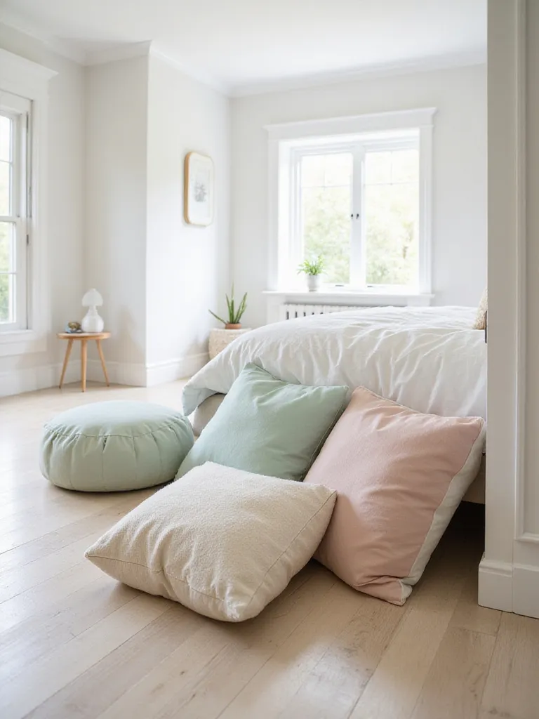 Cozy bedroom corner with pastel floor pillows and pouf for extra seating.