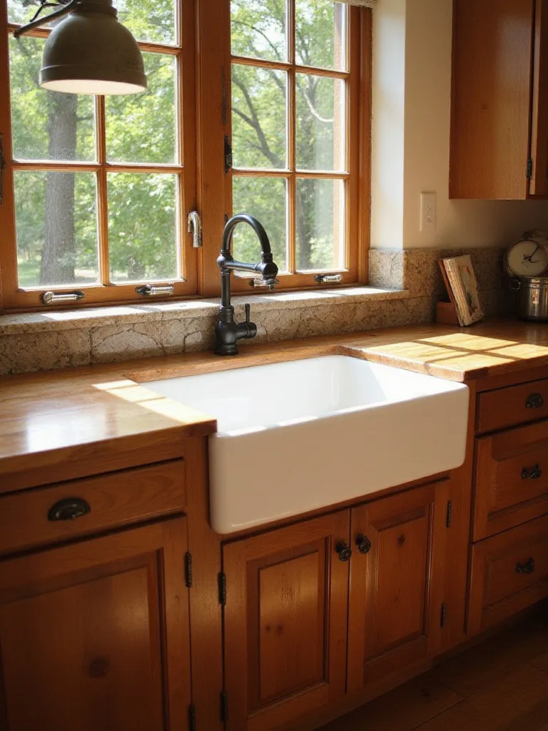 White fireclay apron-front sink in a rustic kitchen with wood countertops and stone backsplash.