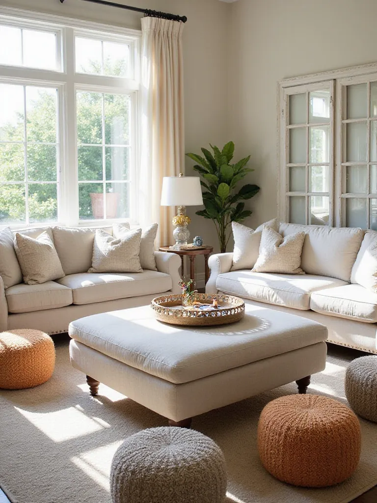 A living room featuring a large ottoman used as a coffee table and several poufs providing flexible seating options.