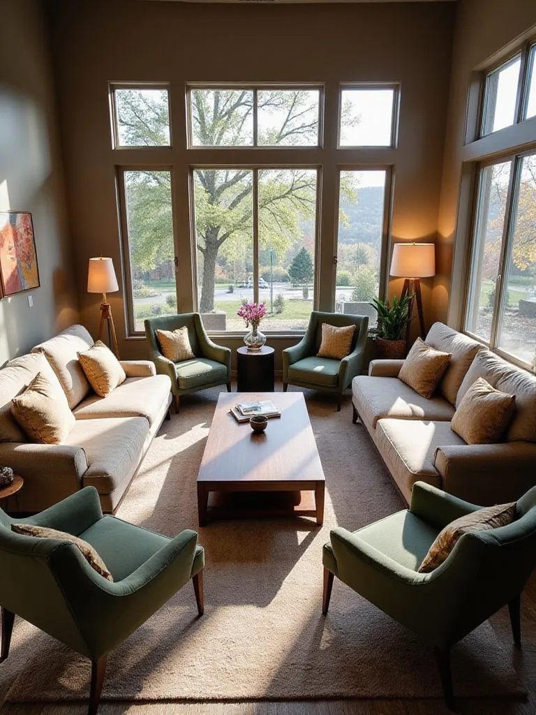 A living room layout designed for conversation, featuring two sofas facing each other across a coffee table with accent chairs at the ends.