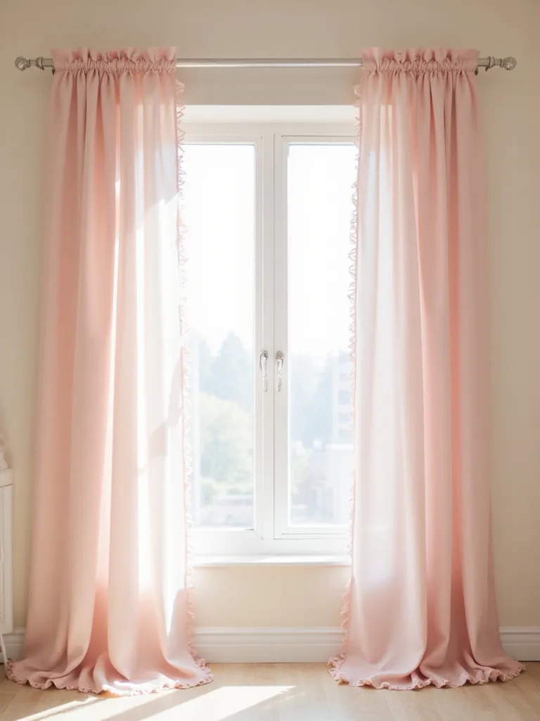Light pink ruffled curtains framing a window in a cute bedroom.