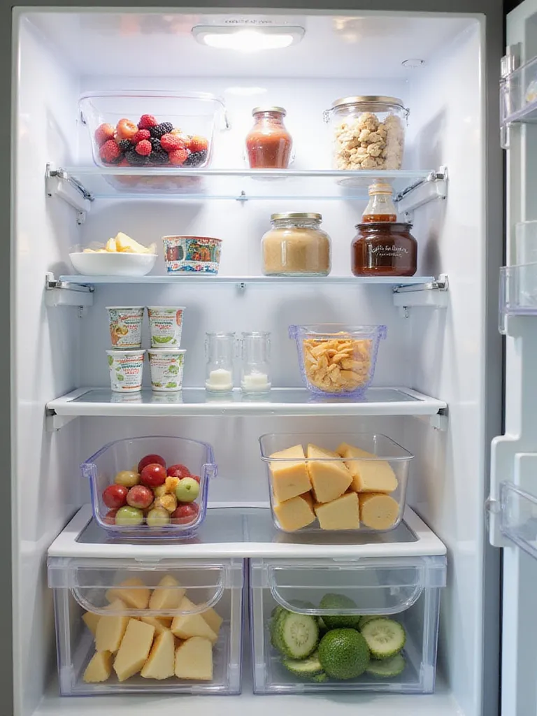 Interior of a bright, organized refrigerator with multiple clear bins holding various food items like berries, yogurts, sauces, and cheeses.