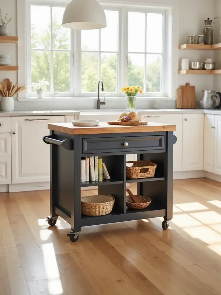 A modern kitchen featuring a rolling island with a butcher block top, showcasing its mobility and storage potential with open shelves and drawers.