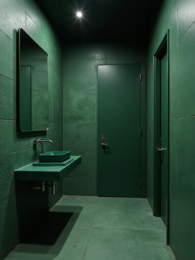 Small bathroom interior featuring a bold, deep forest green monochromatic design with varying shades and textures of green on walls, floor, and vanity.