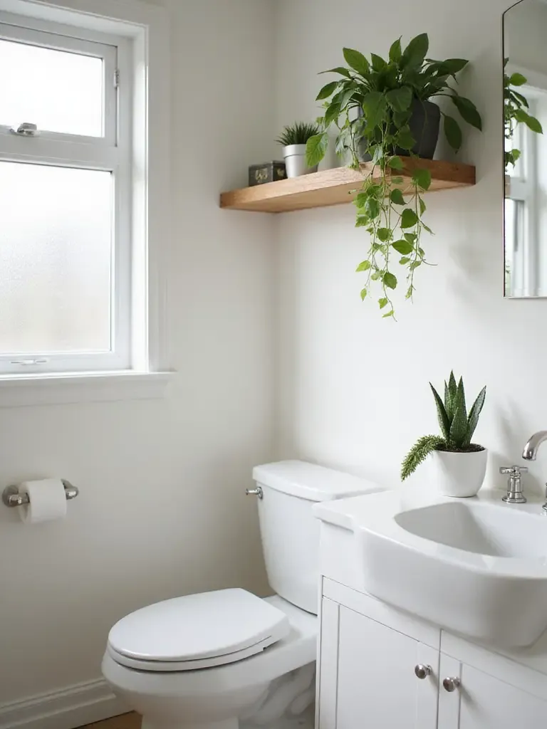 Modern bathroom vanity with a Snake Plant on the counter and a floating shelf above the toilet holding a trailing Pothos and a ZZ plant, lit by soft natural light.