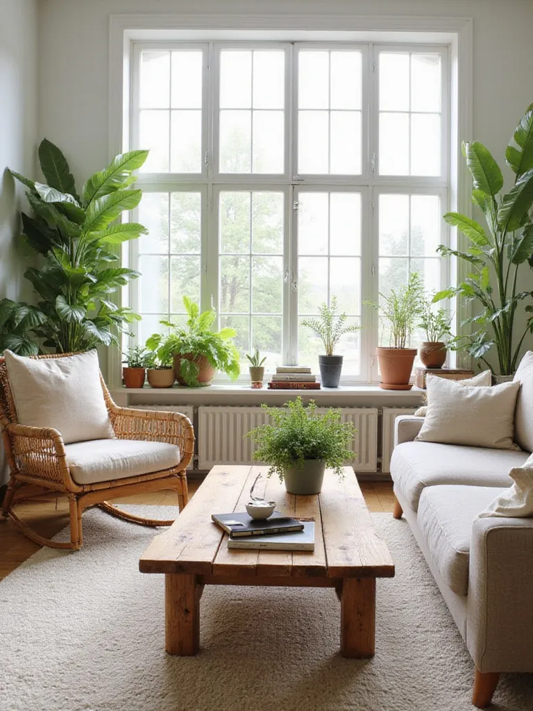 A stylish living room featuring sustainable furniture, including a reclaimed wood coffee table, bamboo armchair, and organic cotton sofa, bathed in natural light.
