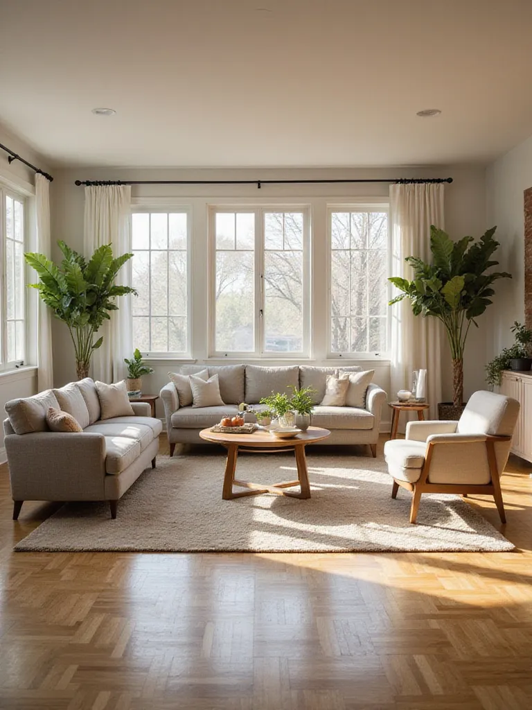 A modern living room with a large area rug defining the central seating zone, featuring a sofa, armchairs, and coffee table placed upon it.