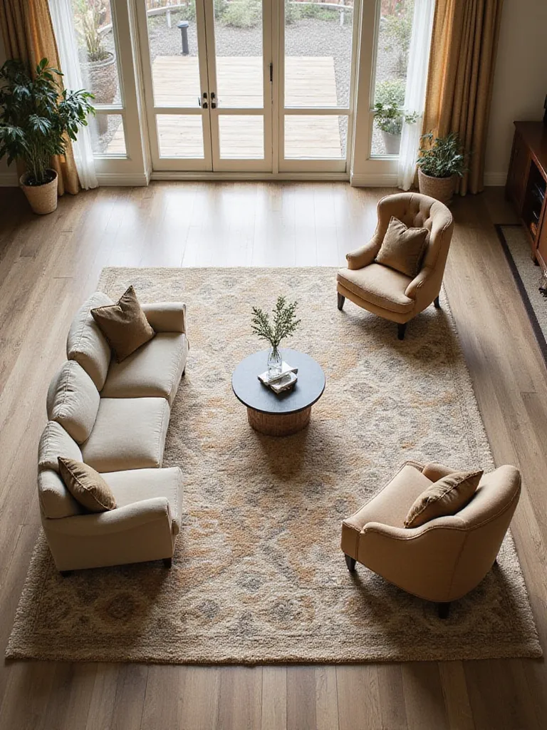 A living room with a large area rug visually anchoring a sofa, armchairs, and coffee table, demonstrating how a rug grounds the space.