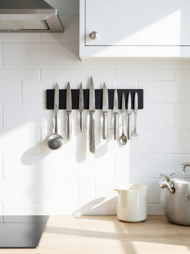 Magnetic knife strip mounted on a white subway tile backsplash in a modern kitchen, neatly organizing kitchen knives and tools above the countertop.