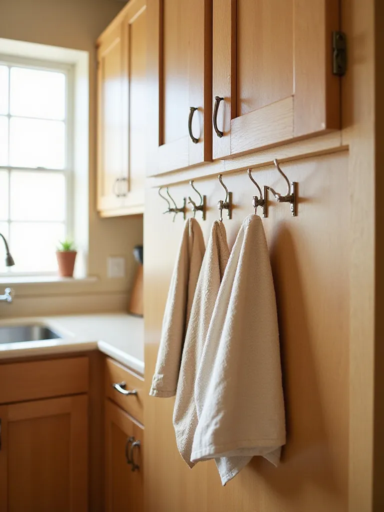 Small kitchen with organized hooks on cabinet doors holding kitchen towels.