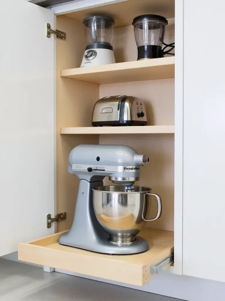 Efficient kitchen cabinet storage with a pull-out shelf holding a stand mixer, and shelves above organized with a blender and toaster.