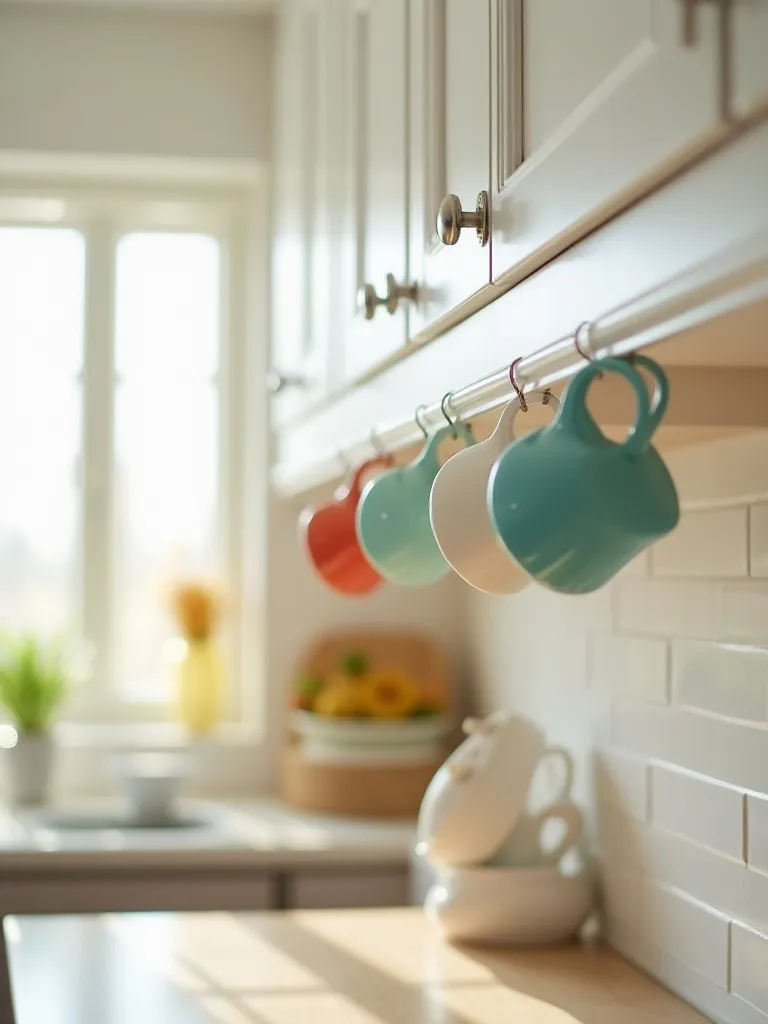 A stylish kitchen showcasing colorful mugs hanging from cup hooks under cabinets