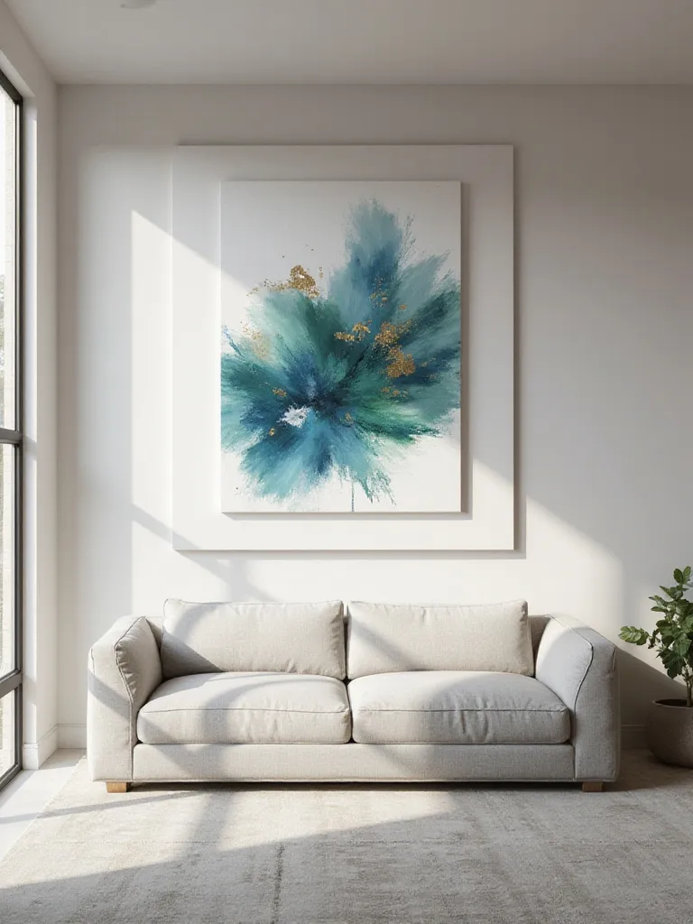 Large abstract painting hung above a gray sofa on a neutral wall in a modern living room. Creates a focal point.