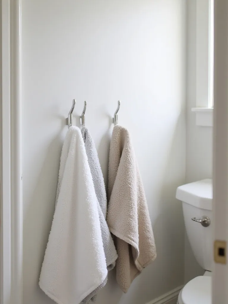 Space-saving towel storage in a small bathroom featuring bath towels neatly hung on a vertical row of hooks on a wall.