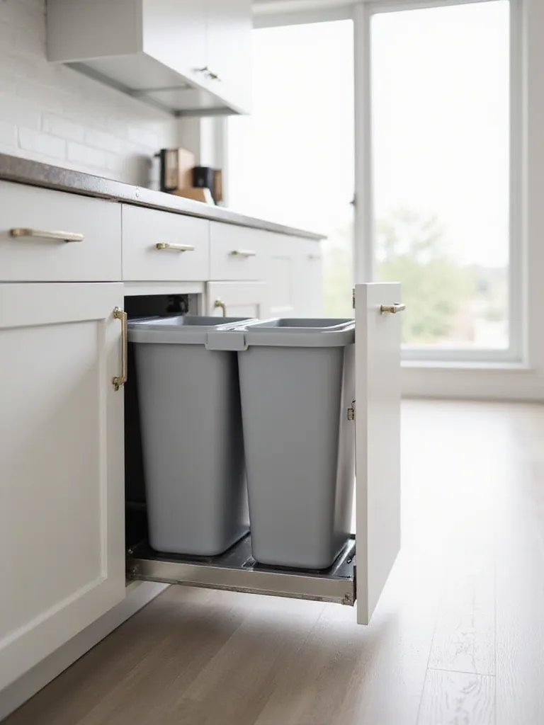 A modern kitchen cabinet with a pull-out drawer system revealing integrated trash and recycling bins.