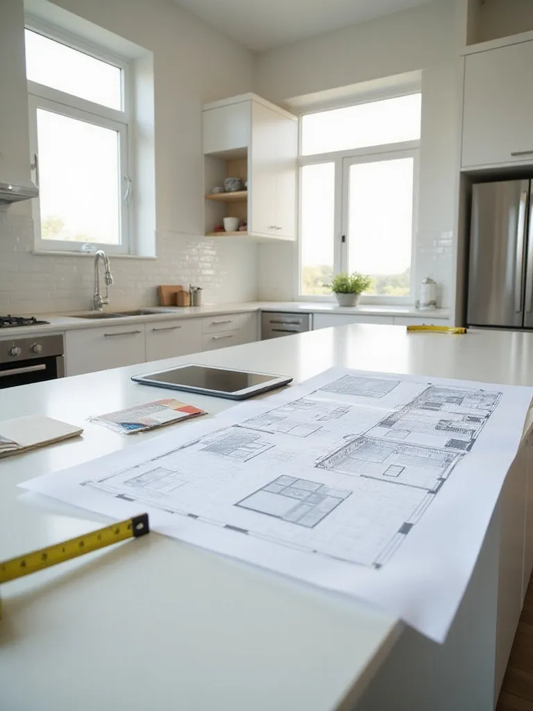 Kitchen island surface displaying renovation plans, blueprints, material samples, and a tablet with a 3D rendering, representing the professional planning phase of a kitchen remodel.